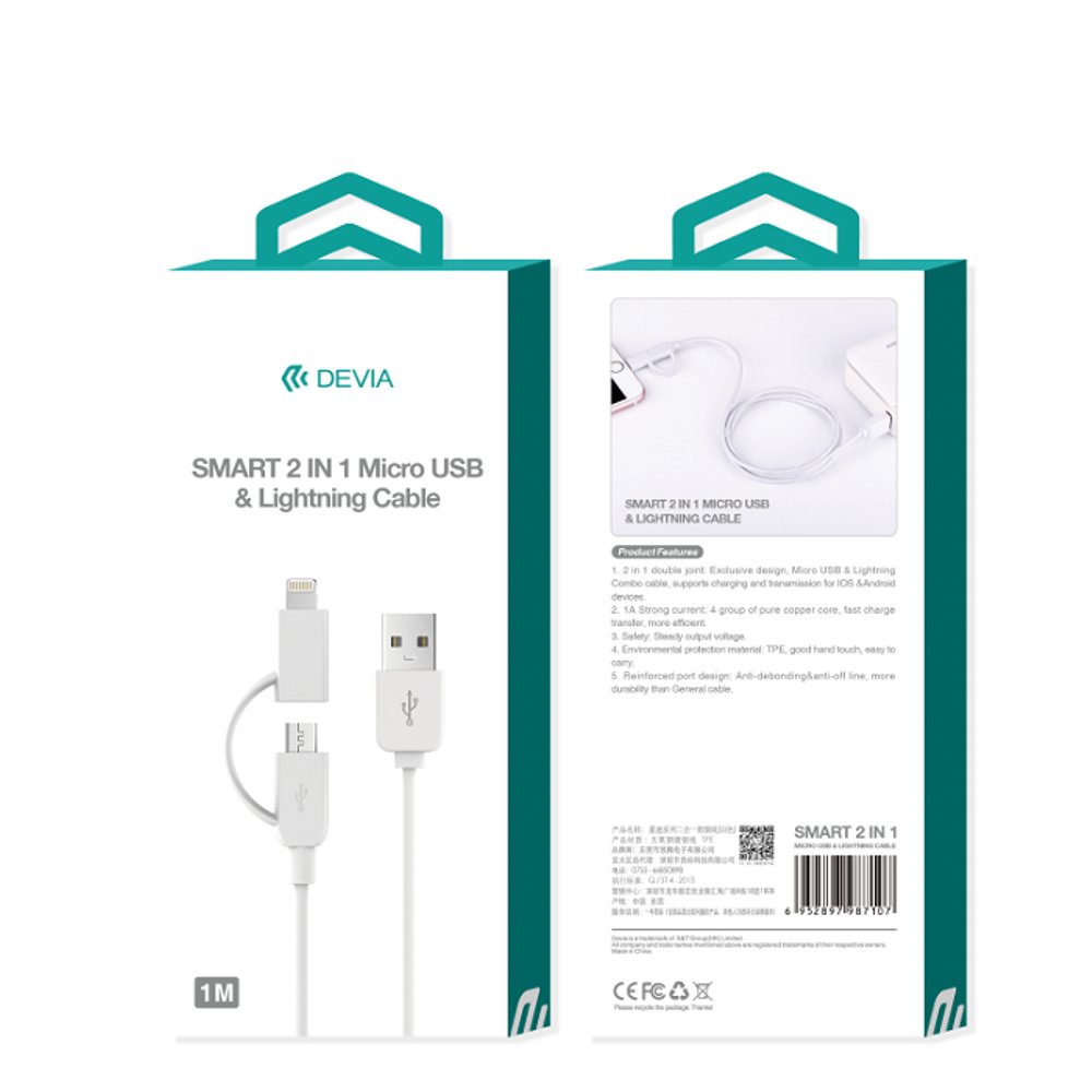 Cables de Datos 2 en 1 Original Devia USB a Micro USB + Lightning Largo 1.0M 5V 2.1A