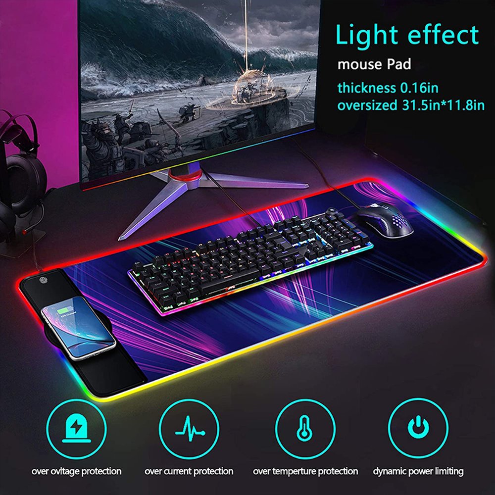Pad Mouse Gaming Extendida RGB Led Tactil Cargador Inalambrico 15 w 81 cm x 31 cm